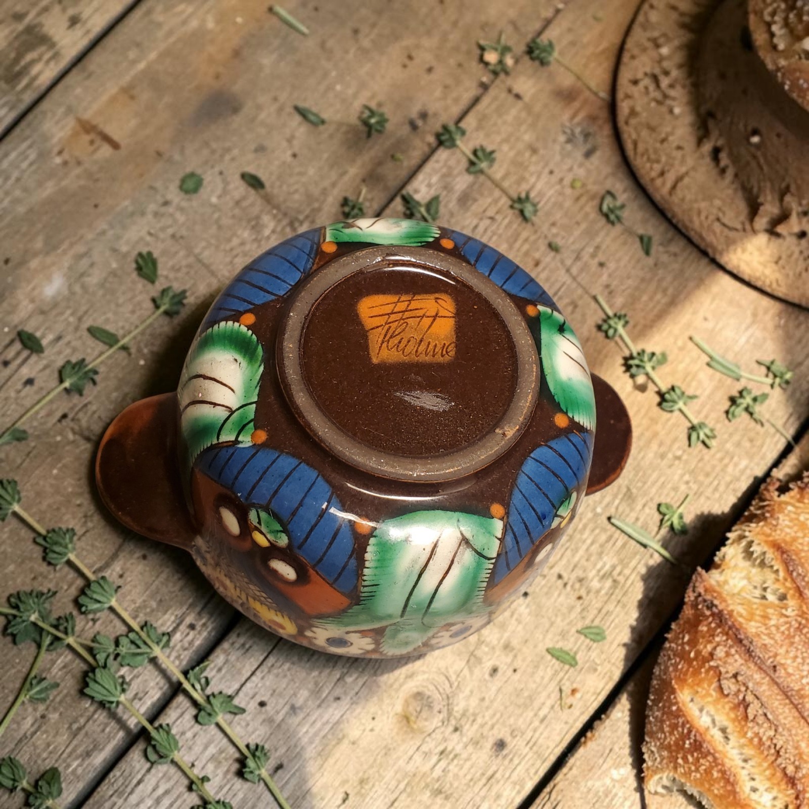 SWISS THOUNE Piccola Majolica Chrutmuster Owl Bowl SWITZERLAND 1920 ANTIQUE 4.5″