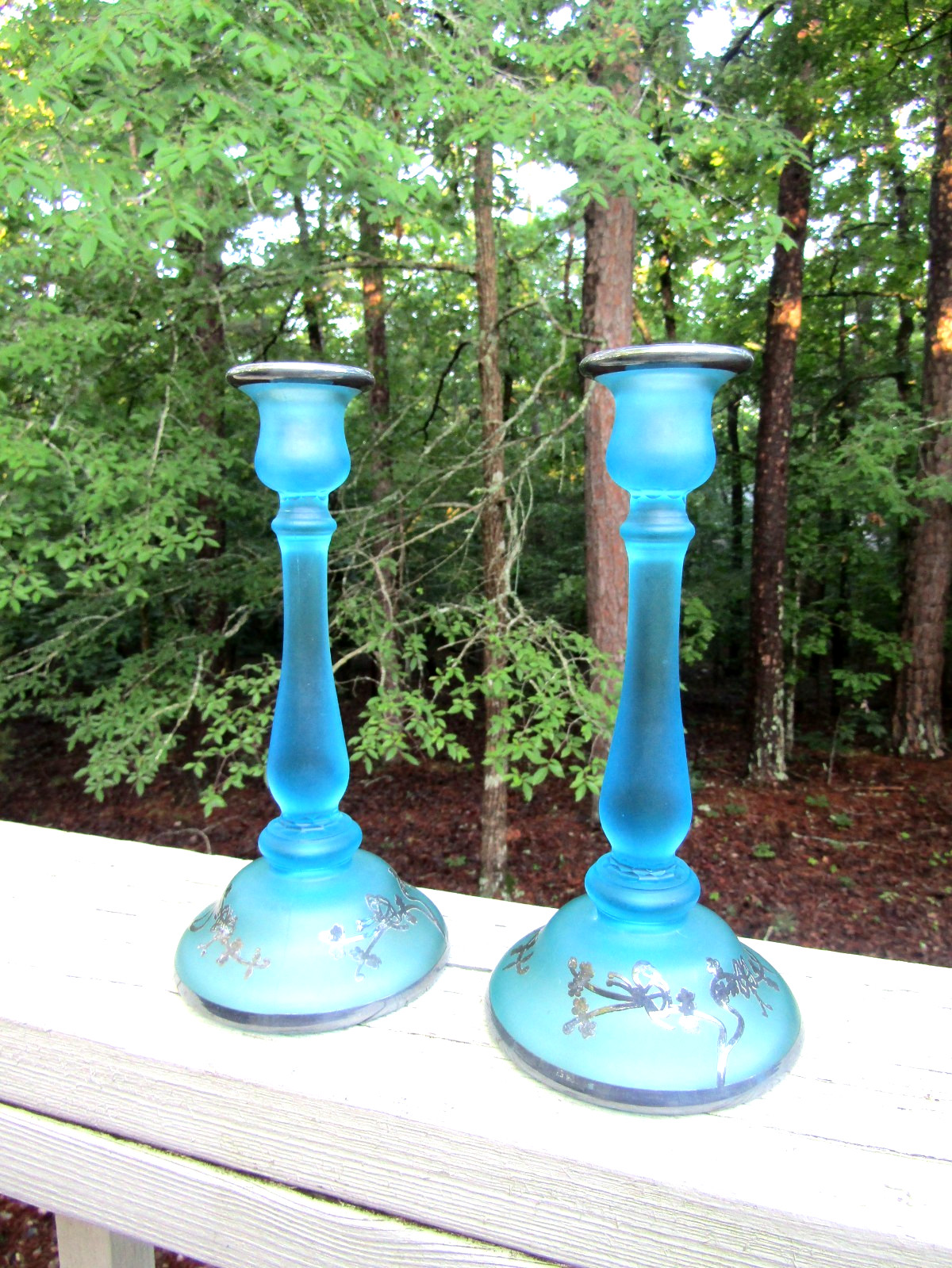 Tiffin Sky Blue Satin Glass CONSOLE BOWL & CANDLESTICK HOLDERS / Silver Overlay