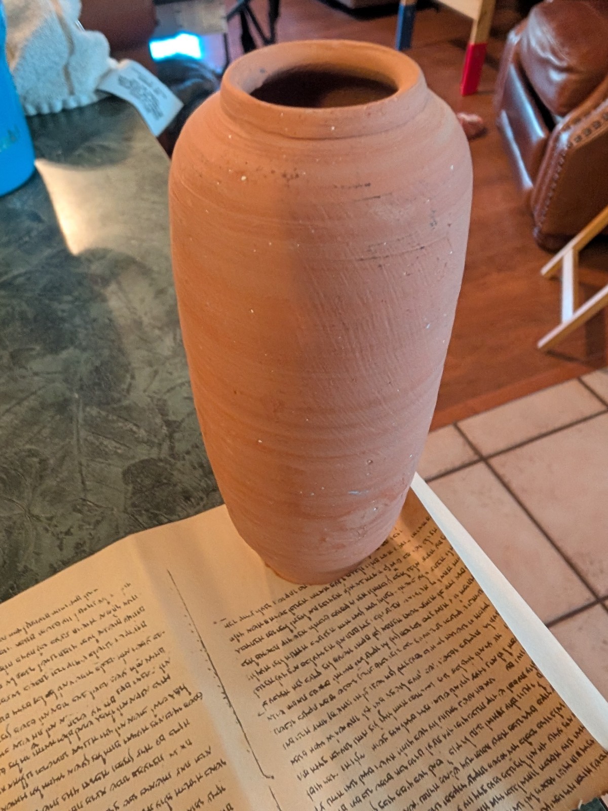 Vintage unglazed Terracotta Clay Vase w/ dead sea scrolls inside.