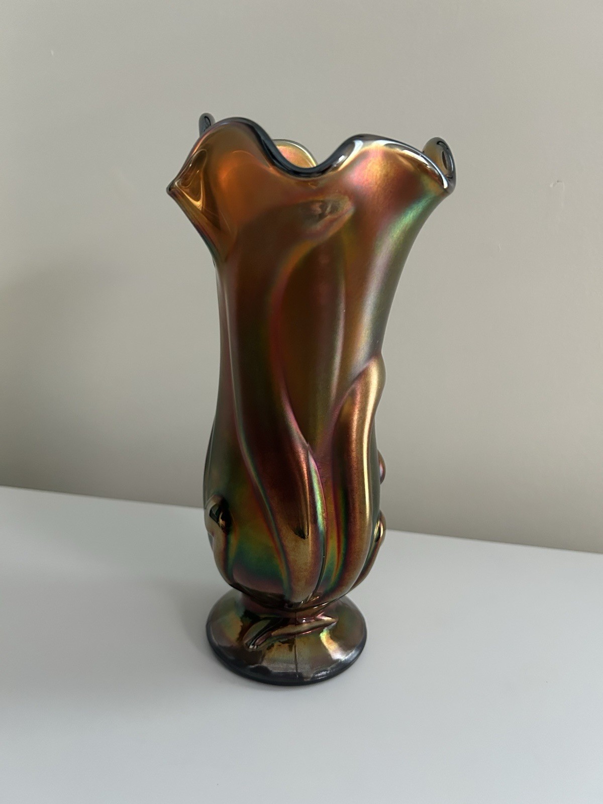 Fenton Carnival Stretch Glass Vase Iridescent Signed 9.5 Inches