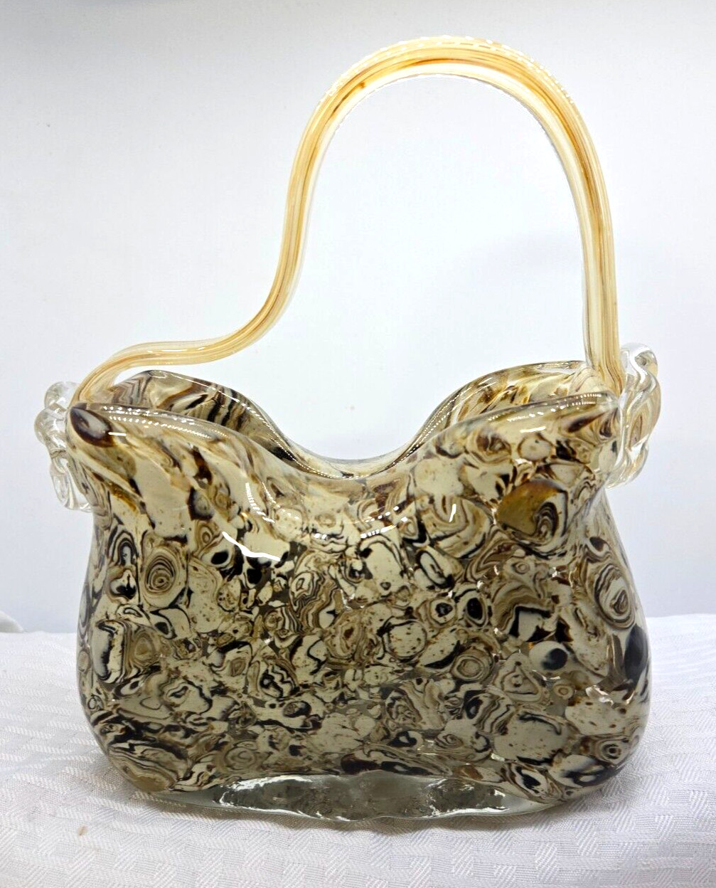 Glass Purse Vase – from HGT Designs -Chocolate Swirl – Handmade – NEW 7″