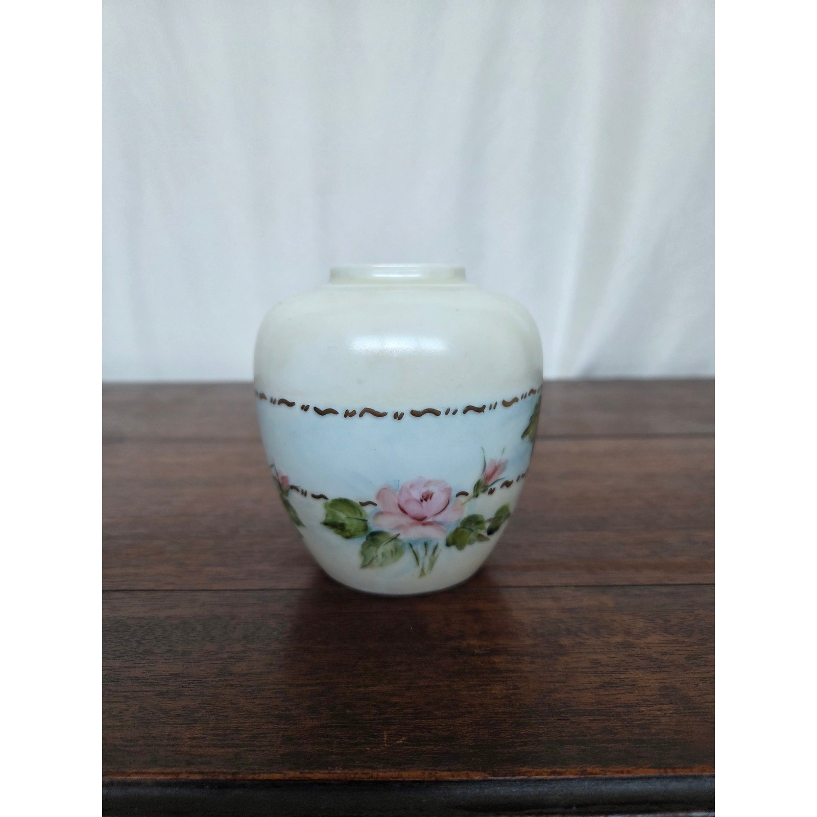Hand Painted Porcelain Floral Vanity Jar Vase Pink Rose Victorian Romantic Decor
