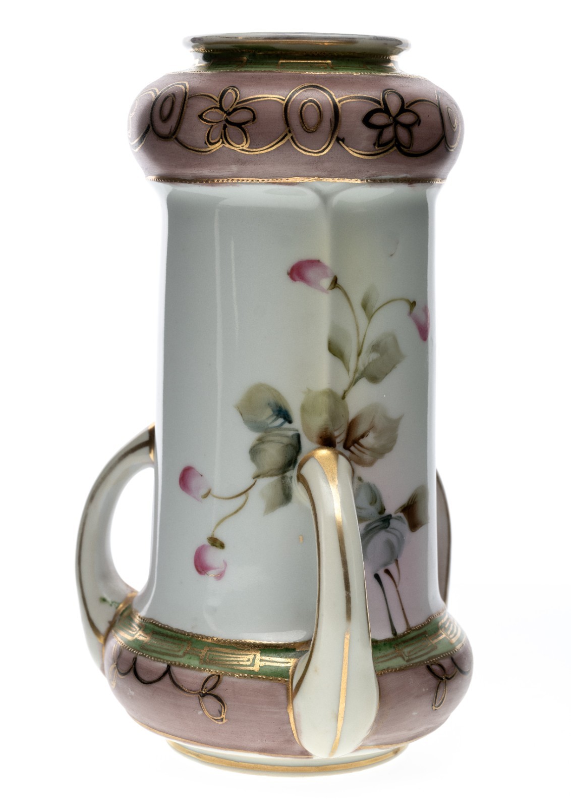 Antique Nippon 3 Handle Handpainted Vase Japan Gold Accents 9.5×5.5in 2lbs