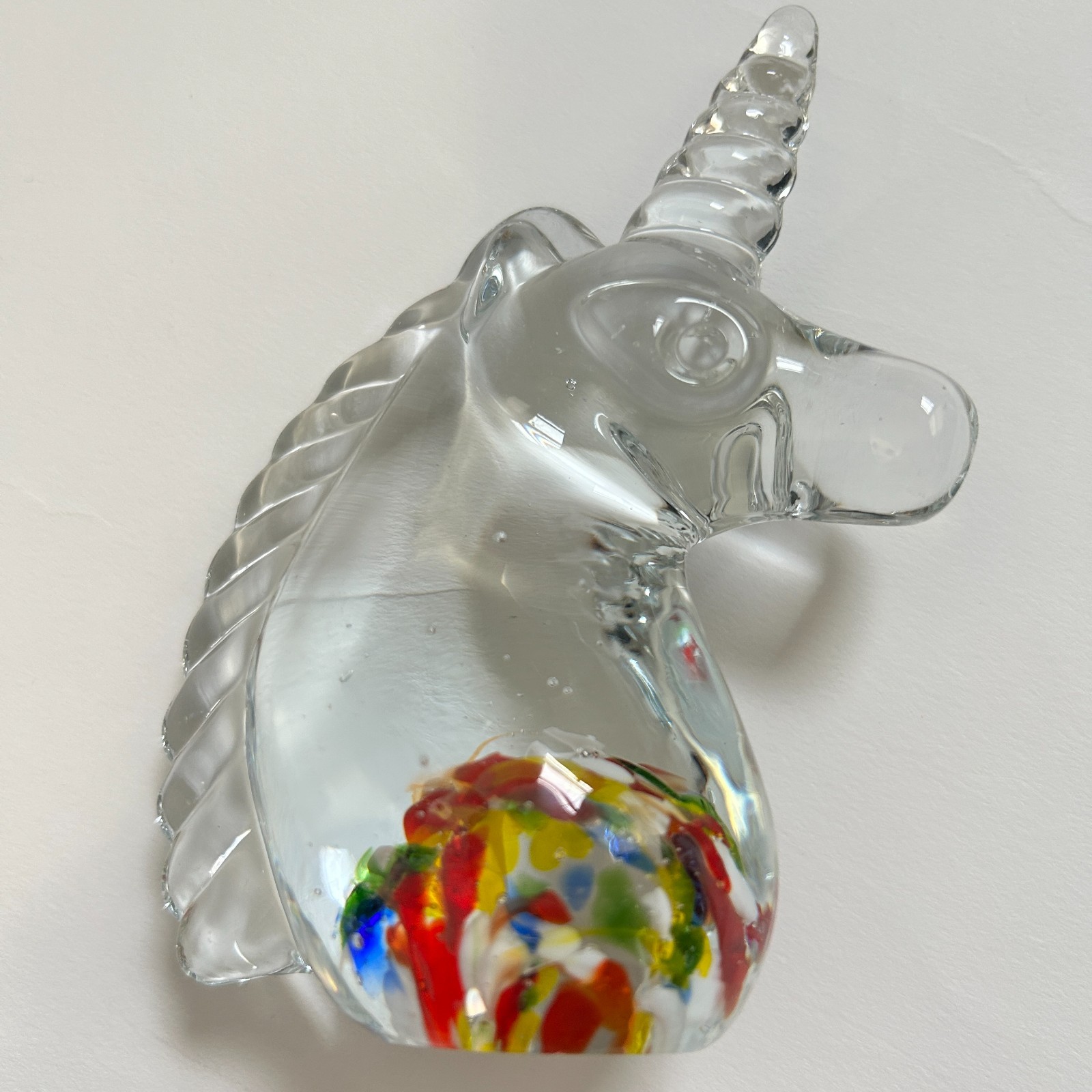 Vintage Clear & Colorful Murano style Art Glass Unicorn Paperweight Figurine
