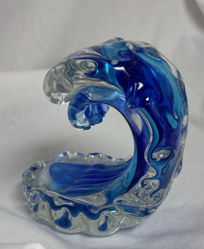 Hand Blow Rolling Ocean Coastal Table Top Nautical Art Glass Decor Blue