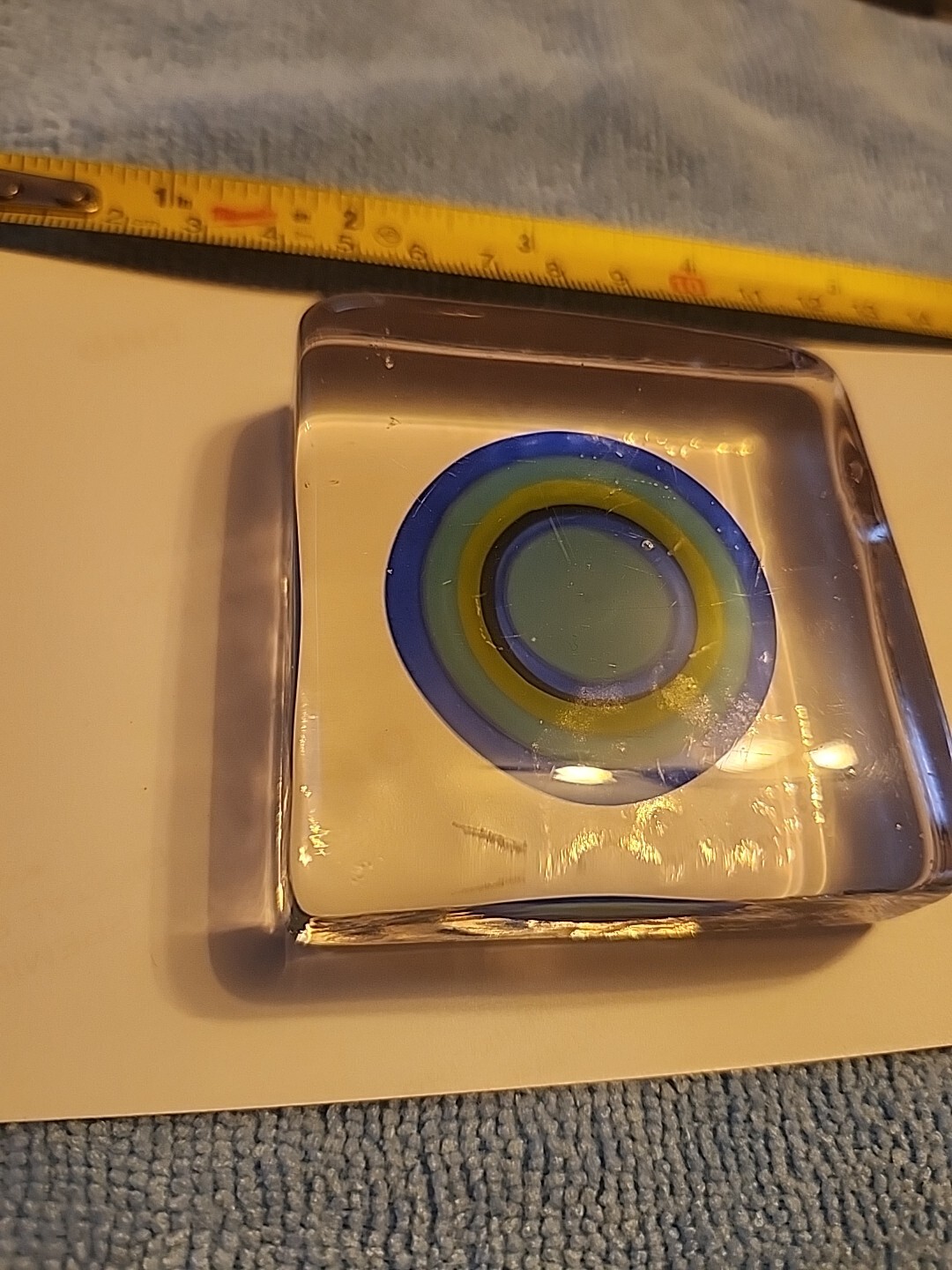 VINTAGE Paperweight Swirls Of Green Blue Striped Bullseye 2/3/4”