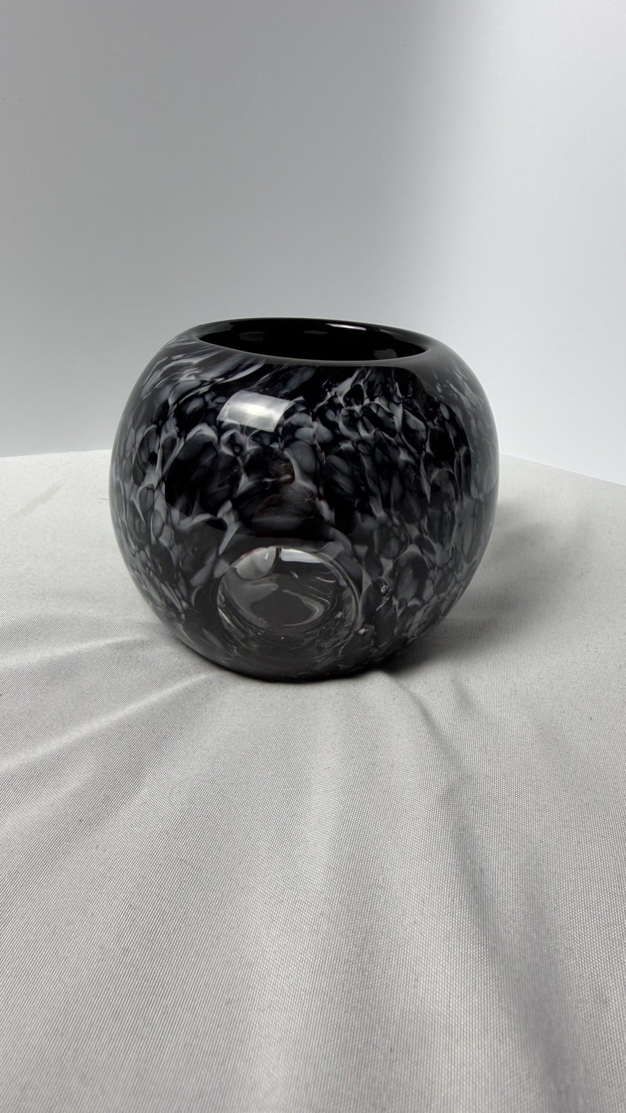 Blown Glass Black and White Globe Vase/Candle Holder with Clear Orbs 4″ Tall