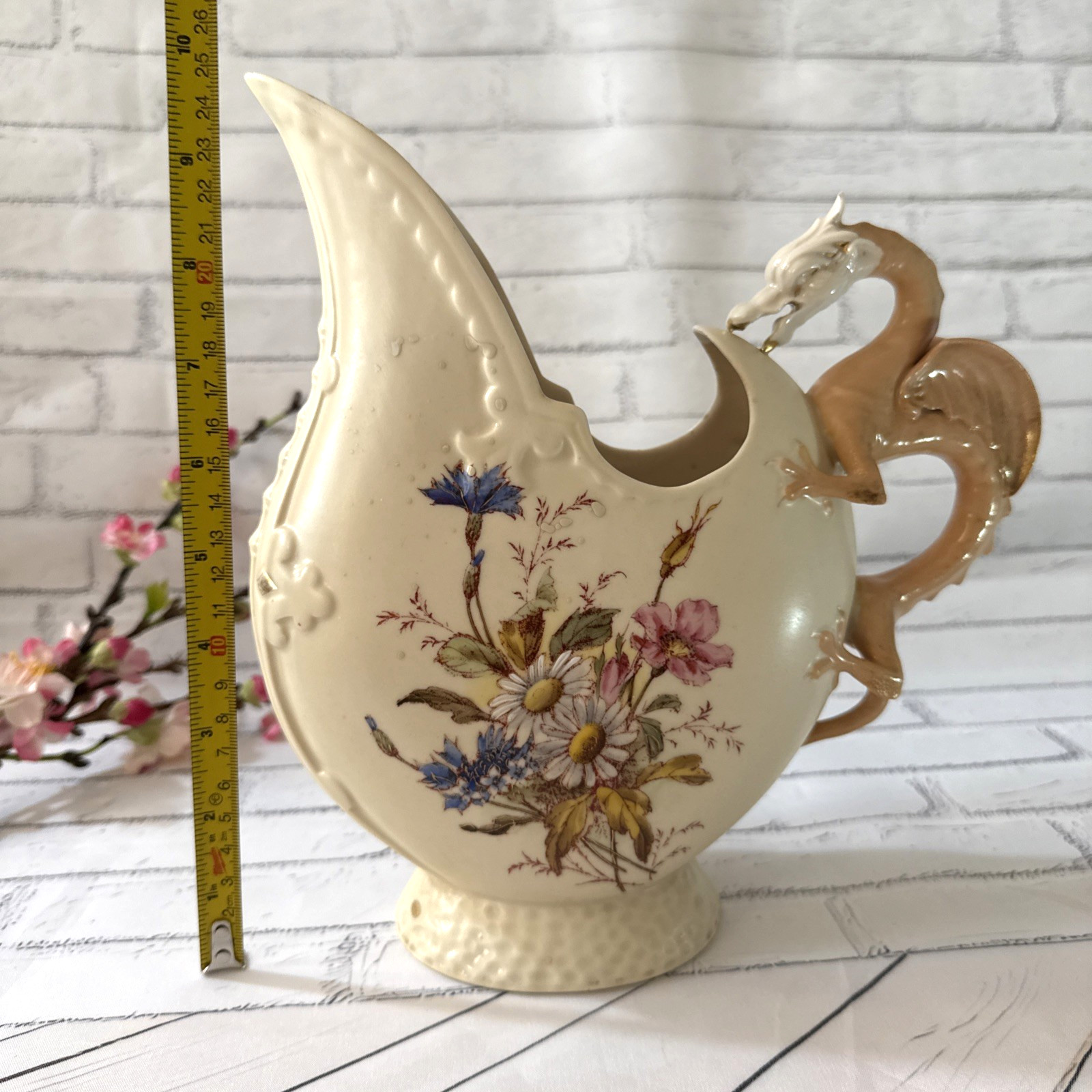 Rare! VTG Ceramic Ewer with Dragon Handle, Floral Design 9.75” Vase 1930-50 s