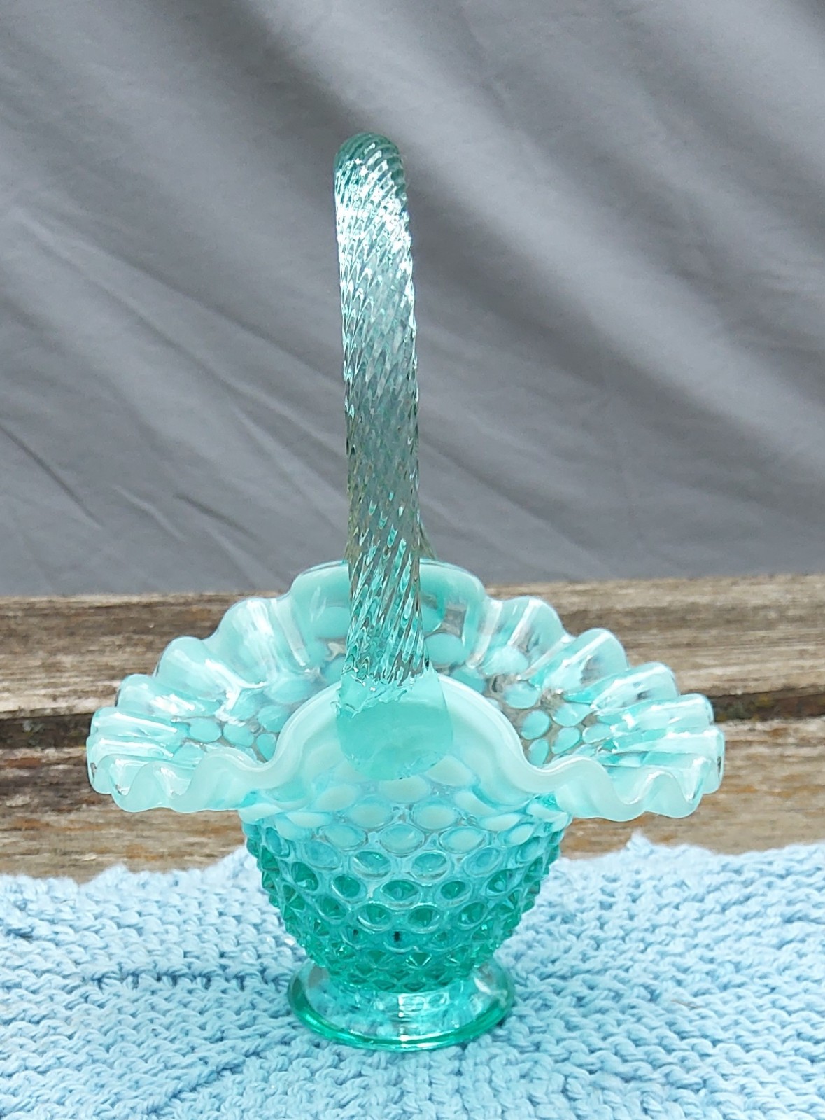 Fenton Glass Blue Opalescent Hobnail 6″ Basket Ruffled Edge Vintage
