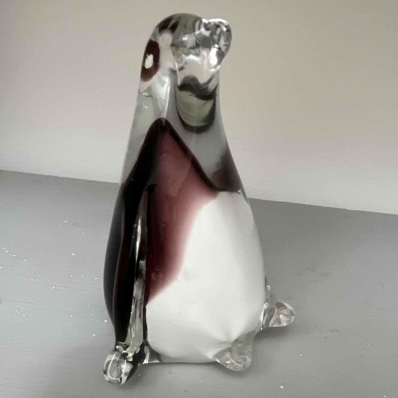 Vintage Art Glass Penguin Figurine Clear White Black Glass Animal