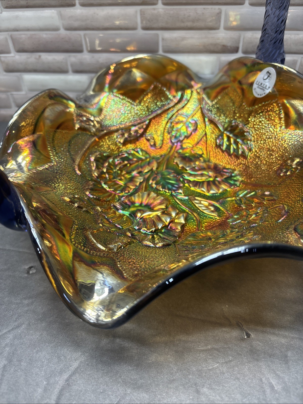 Fenton Art Glass Aubergine Marigold Carnival Glass Basket With Handle Dish, Bowl