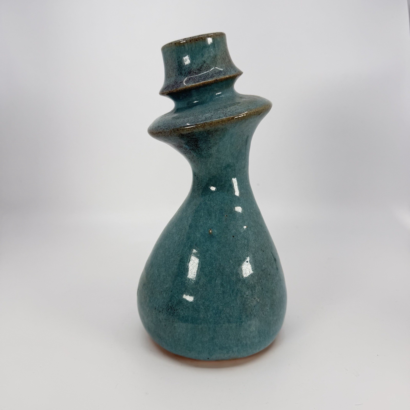 Unique Studio Art Pottery Glossy Seafoam Green Vase 9” Tall Unsigned