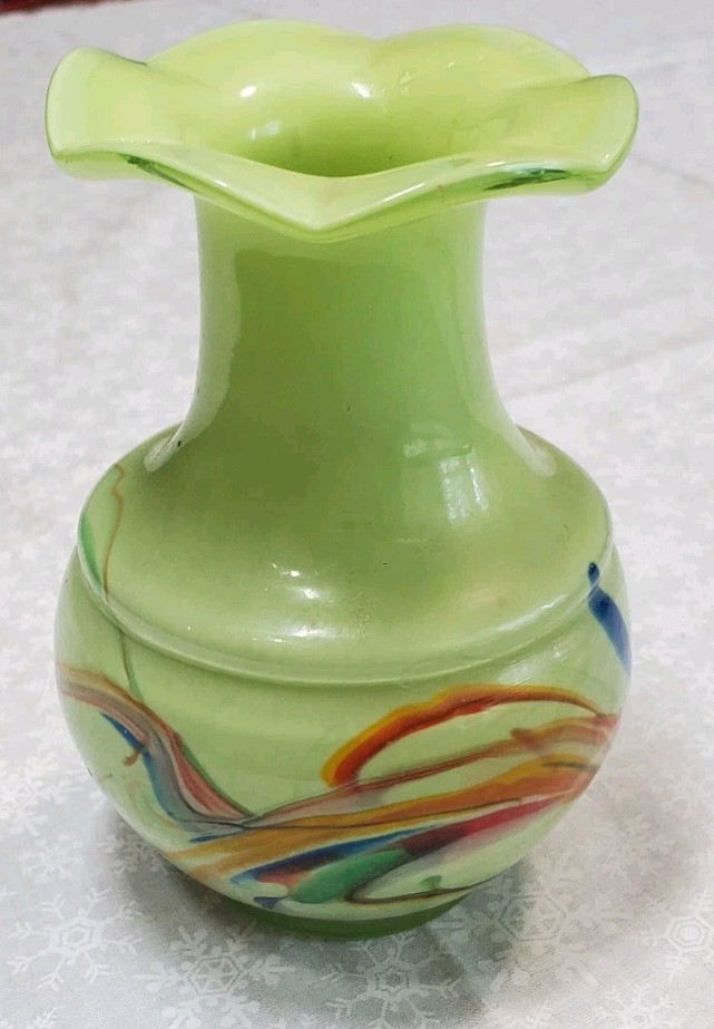 5″ Vintage Art Glass Vase Green W Blue Red Yellow Swirls Colour