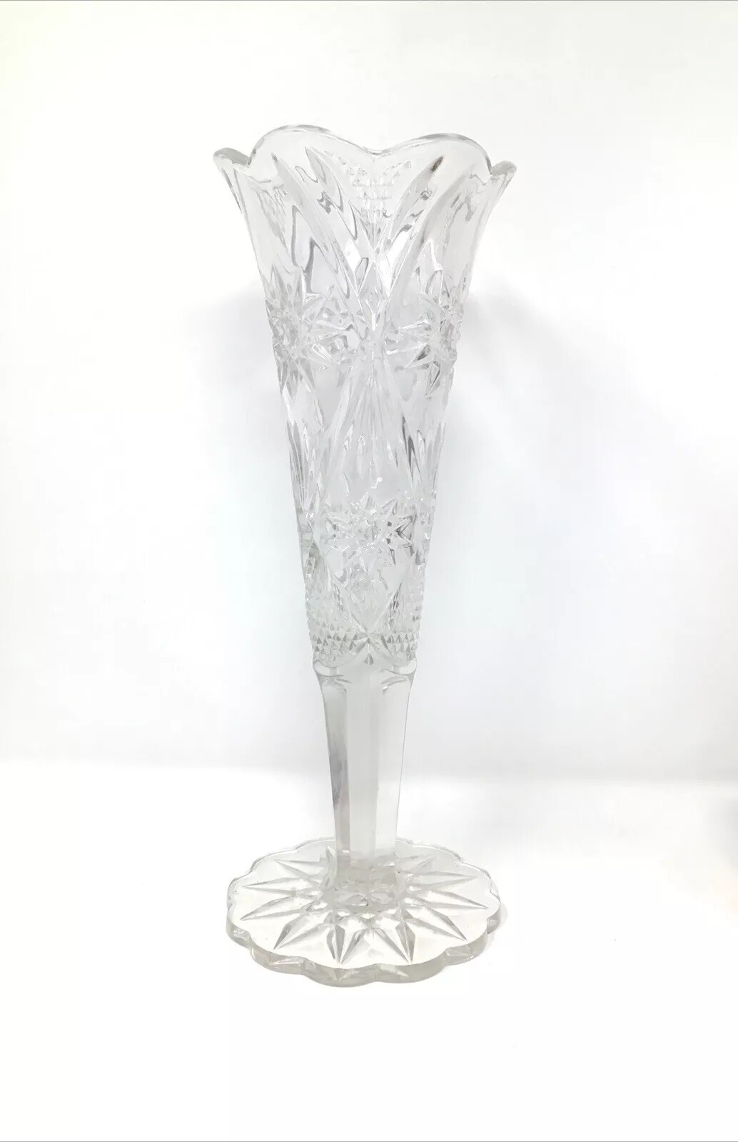 Trumpet Vase Cut Glass ABP Sunbursts Fluted Edge Top and Bottom 12” Vintage