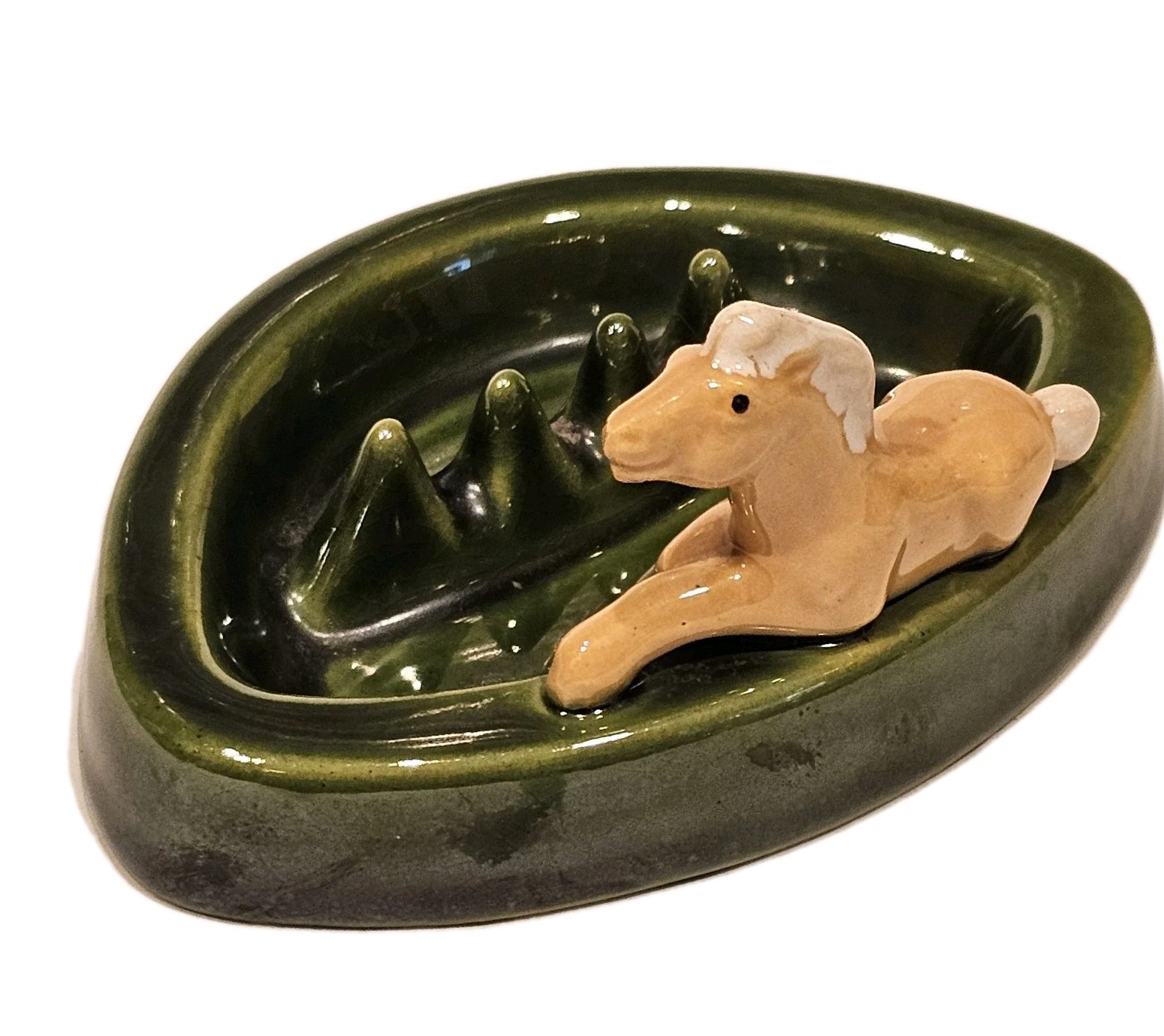 Rare Vintage Rosemeade Tan Colt Horse Pony Avacado Green Ceramic Ashtray