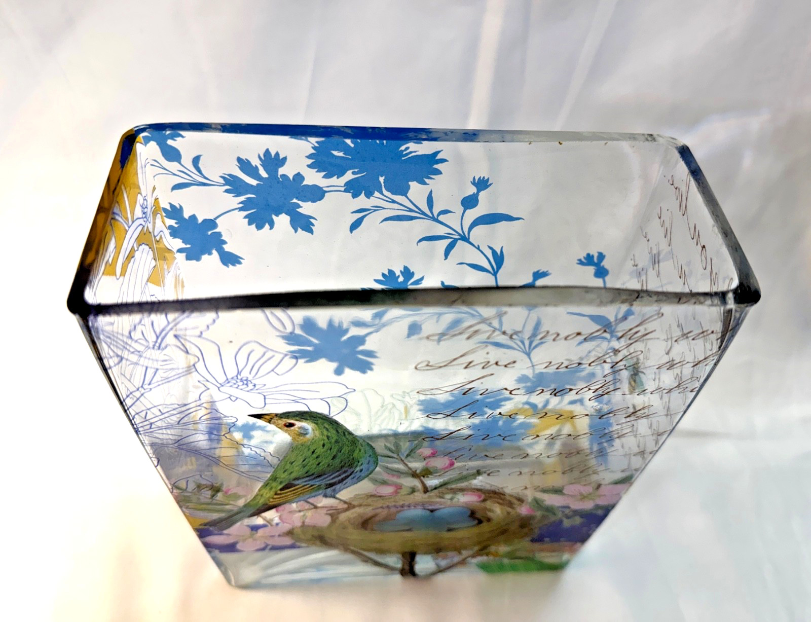 Vintage Art Glass Vase w Painting of Bird & Nest and Calligraphy. Fringe Studio