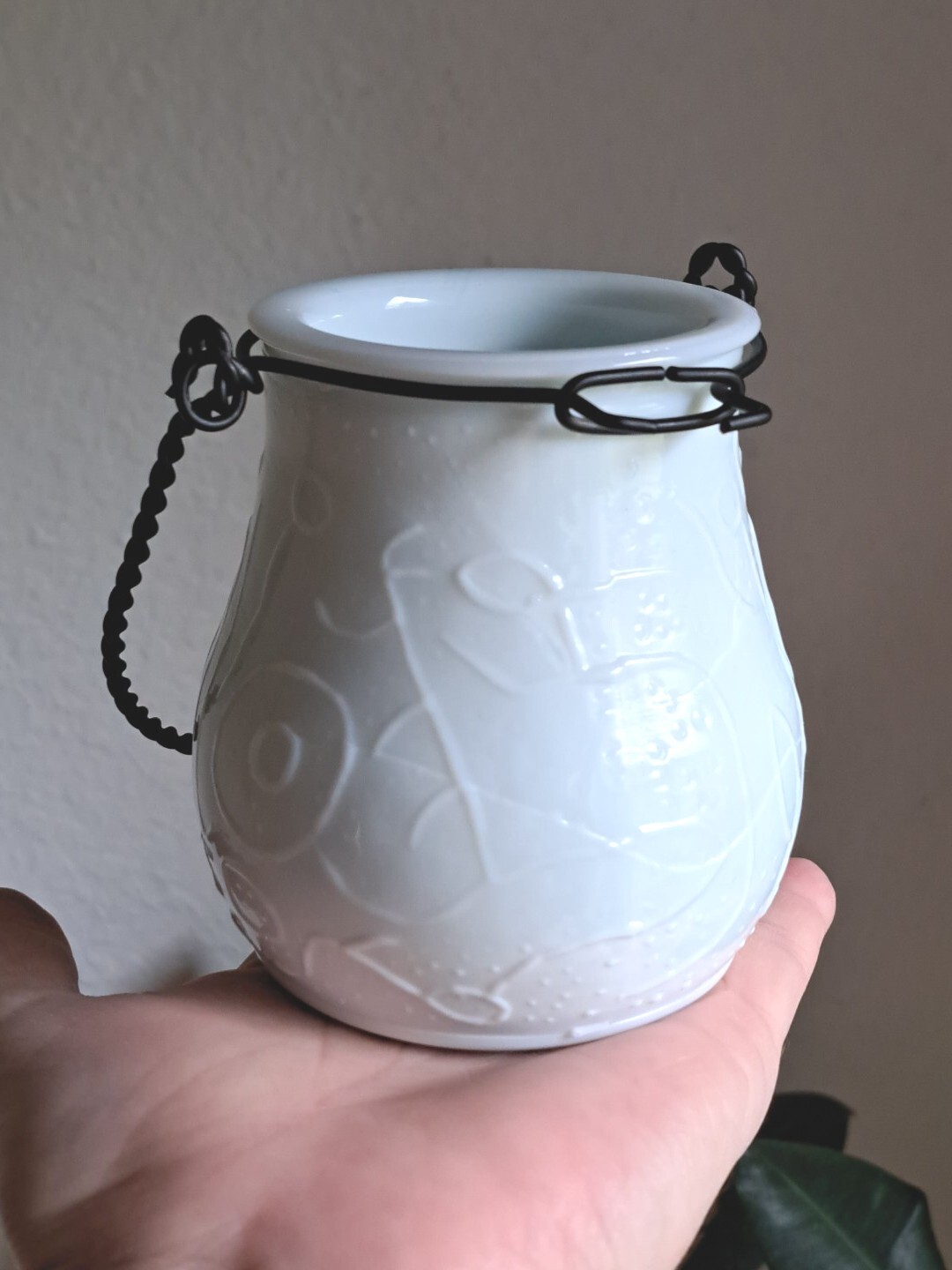Decorative White Jade Milk Glass 4″ Abstract Candle Holder Metal Handle Hanging