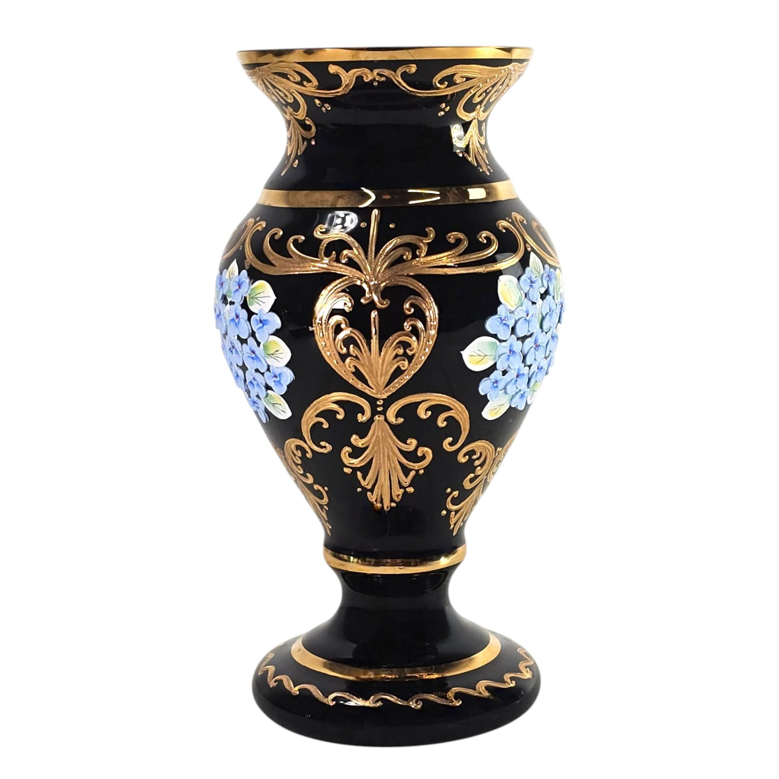 Bohemian High Enameled Hand-Painted Vase Black Amethyst Glass 24K Gold 10″