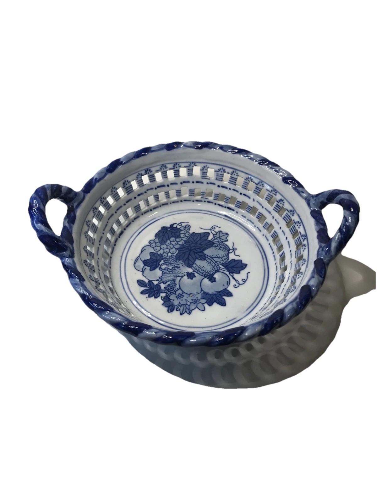 Ceramic Bowl Basket Lattice Fruit With Handles White Blue 8 Inch 64