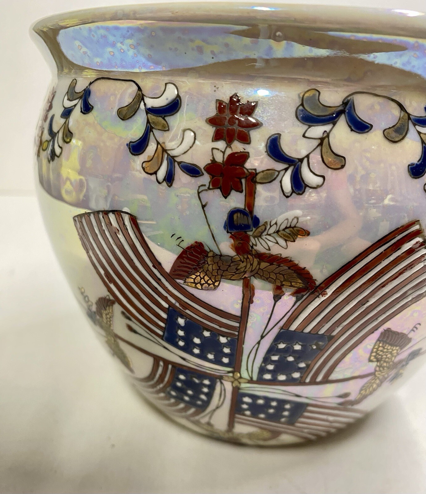 Vintage Hand Painted Patriotic Eagle & Flag Opalescent 5.0 Vase Planter Pottery
