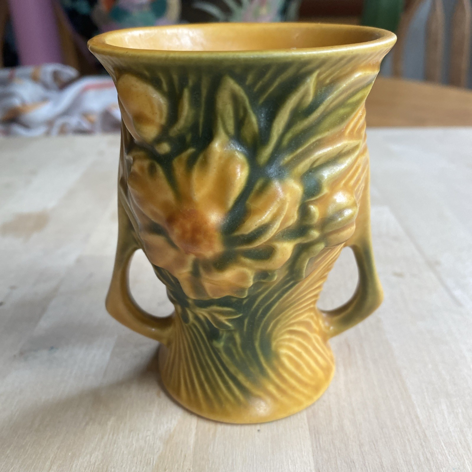 VTG Roseville Pottery USA 57-4 Yellow Green Peony Small Two Handled Vase