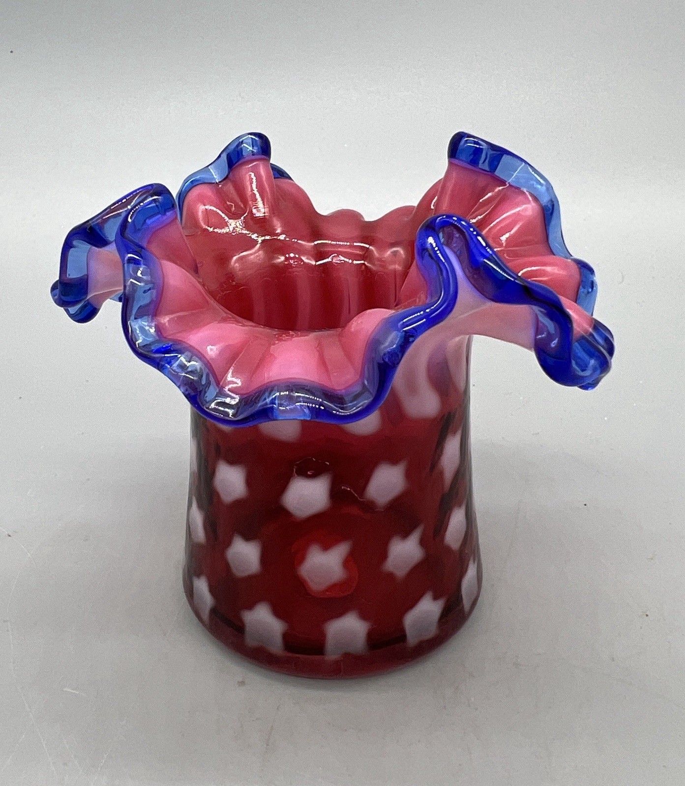 Fenton Stars and Stripes Patriotic Hat Ruffle Vase Red White w Cobalt Blue Crest