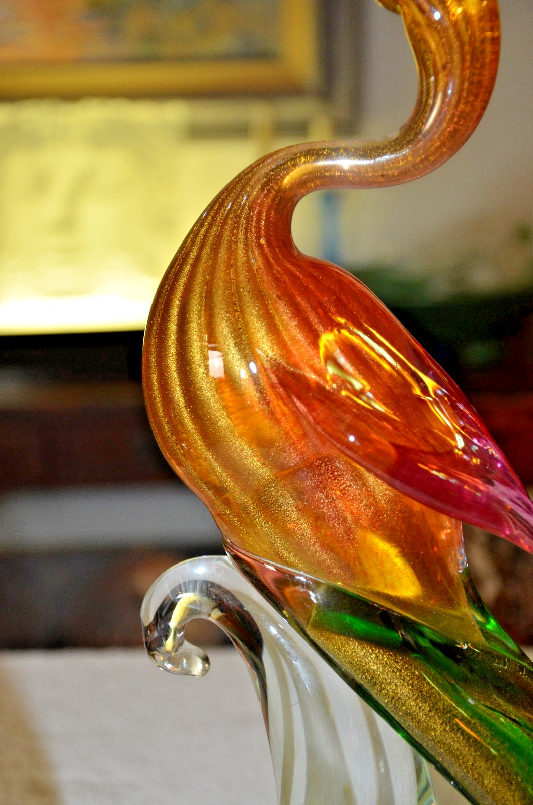 c1950s Pair 17” MURANO Birds Of Paradise/Peacocks Green Red & Aventurine Gold