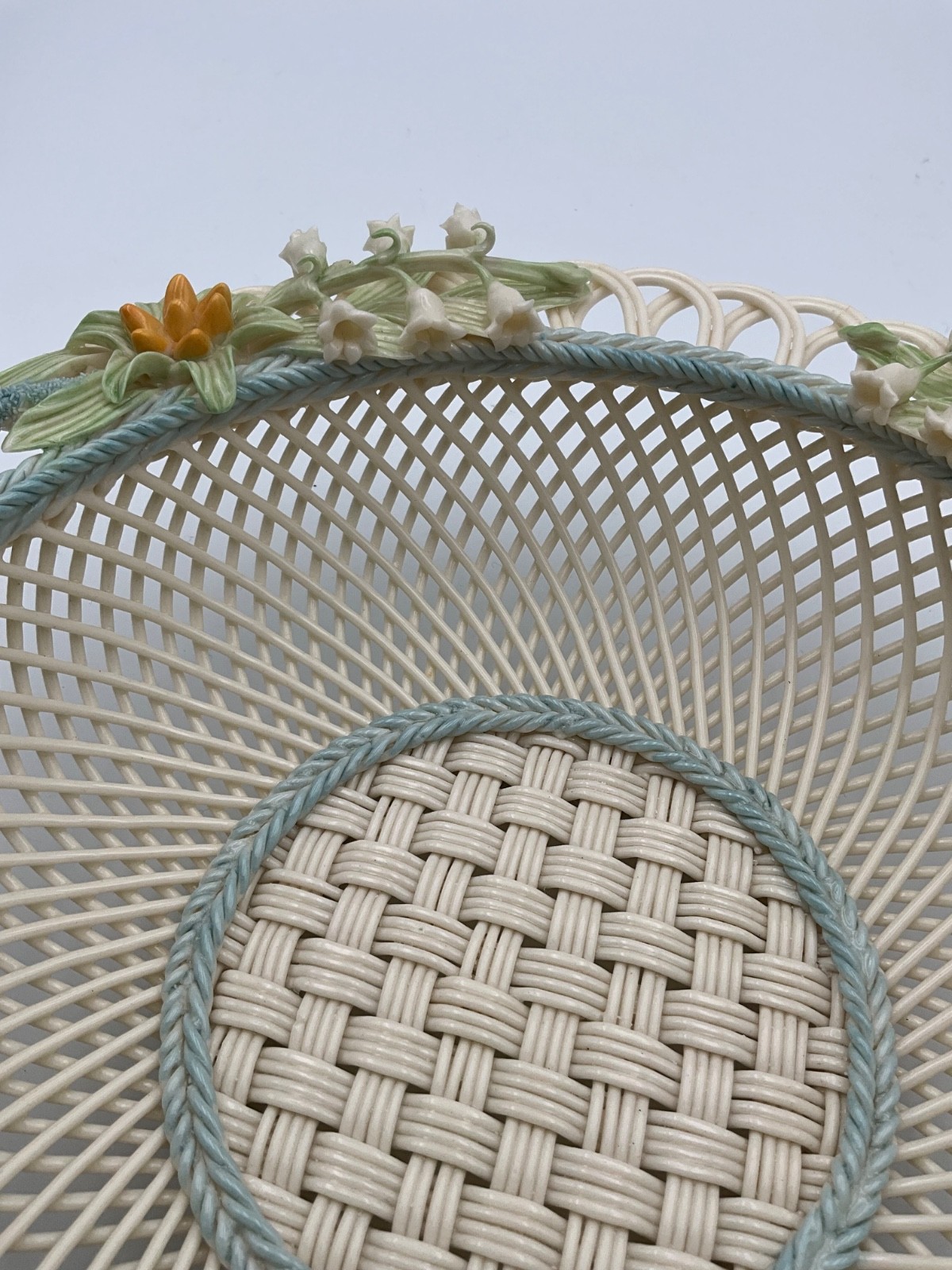 Belleek Lily of the Valley 9″ Basketweave Dish Bowl Ireland Porcelain