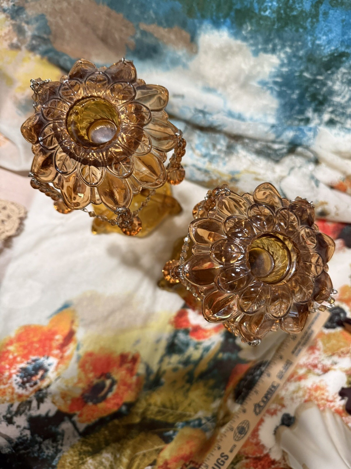 Vallerysthal Portieux Bavards Amber 9.25″ Candlesticks With Chained Prisms