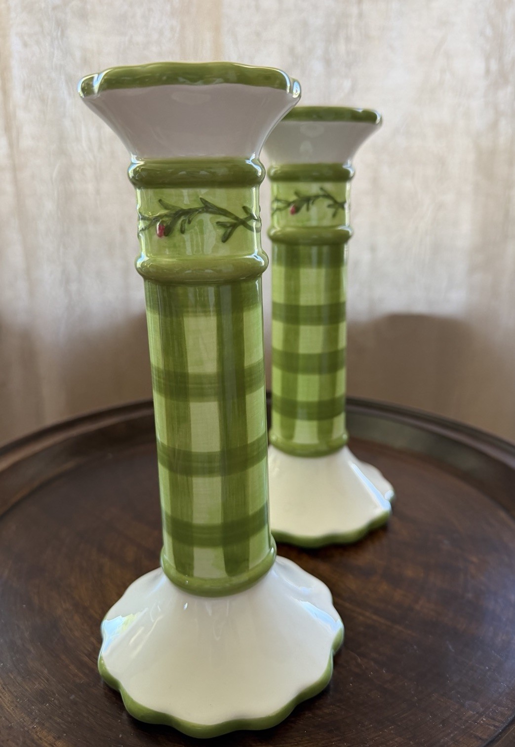 Winterthur Ceramic Taper Candle Holders Pair Green White Check Vintage 1998 9in