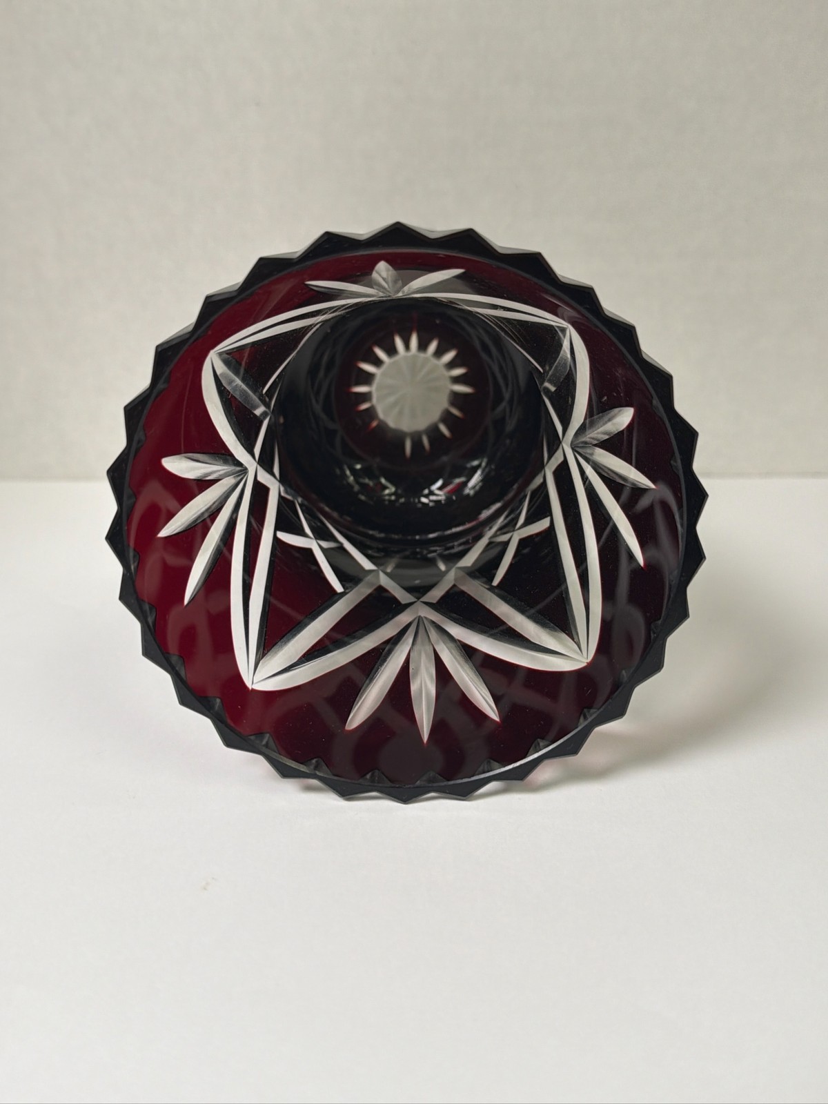 Bohemian Ruby Red Crystal Vase Geometric Sawtooth Rim