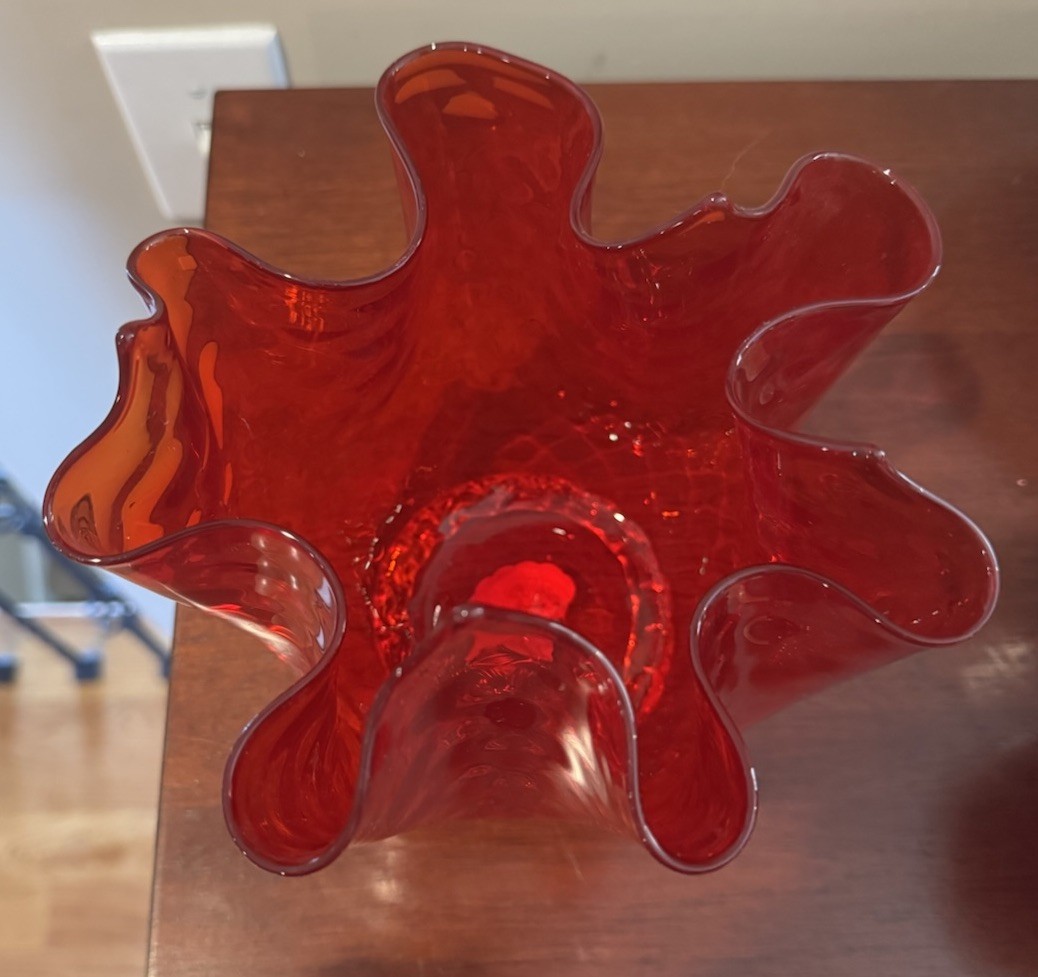 VINTAGE Murano Venetian Red Clear Gold Handkerchief Centerpiece Bowl Italy 6”