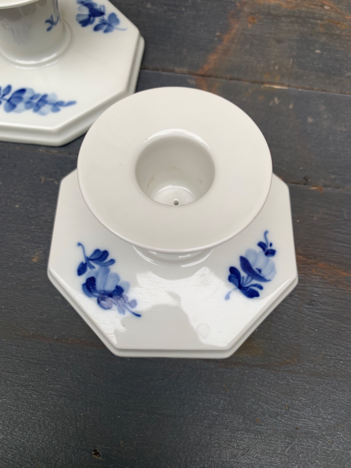 2 Danish Royal Copenhagen Porcelain Candlestick Holders Blue White Floral
