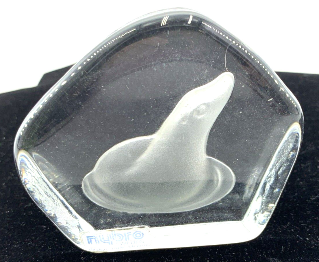Nybro Seal Paperweight Lead Crystal Signed Original Sticker Vintage 2.75″