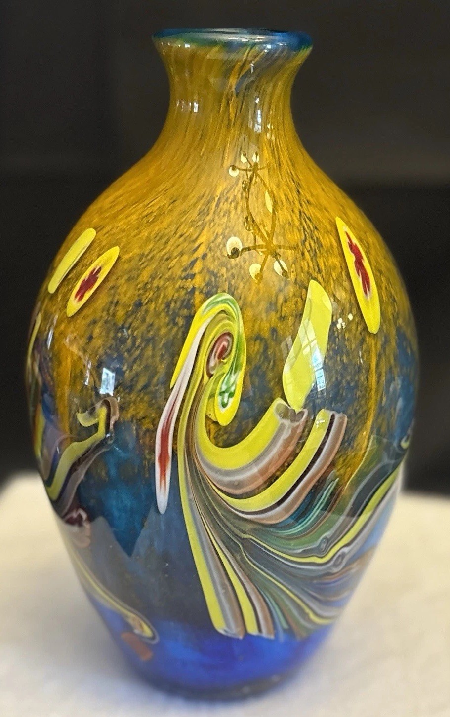 Vintage Murano Style Blown Art Glass Vase Colorful Peacock Feather Motif