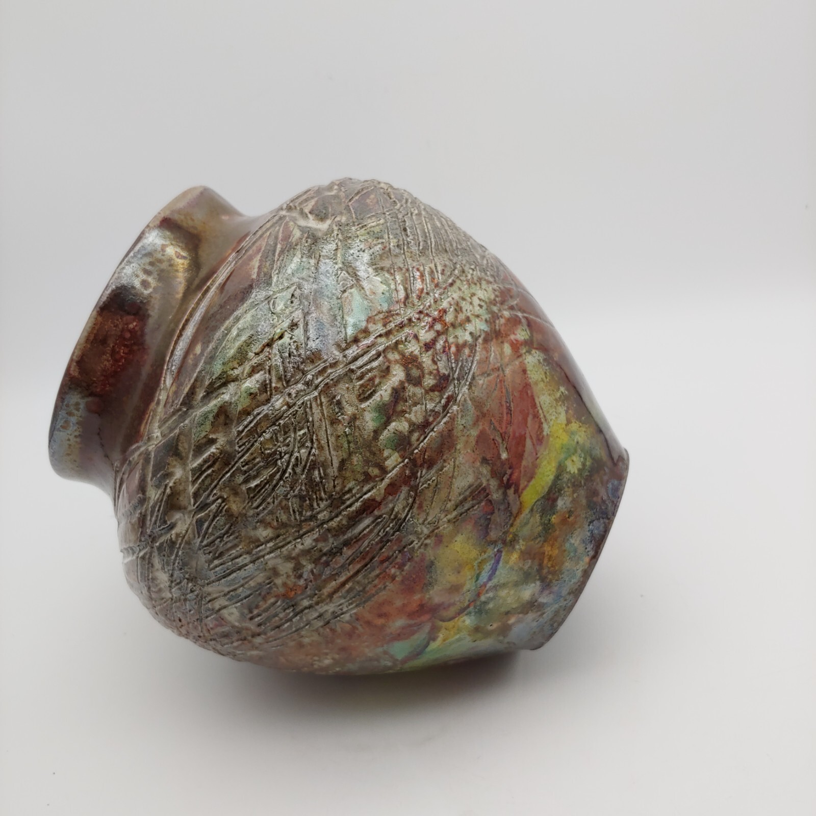 Handmade Signed Raku Pottery Vase – 7″ vtg Red Metallic Incised Abstract Art