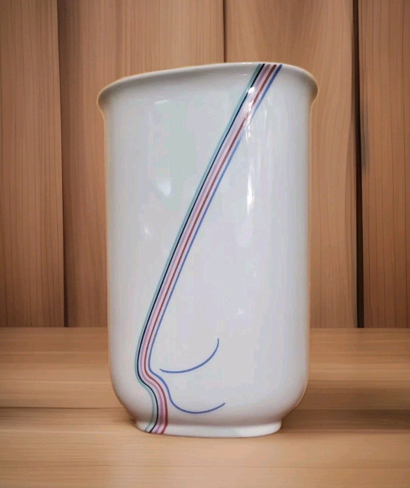 Vtg Rörstrand Vase Rainbow Stripe Oval B Vallien Ceramic Porcelain Vessel SWEDEN