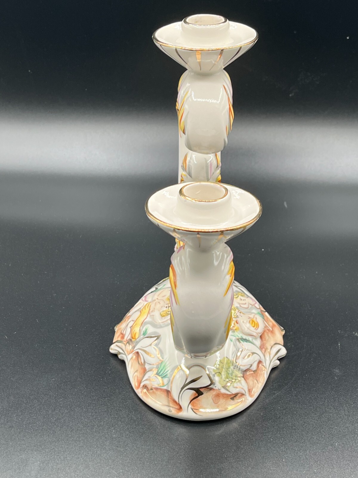 Vintage Alcobaca Portugal Capodimonte Double Candle Holder Hand Painted Stamped