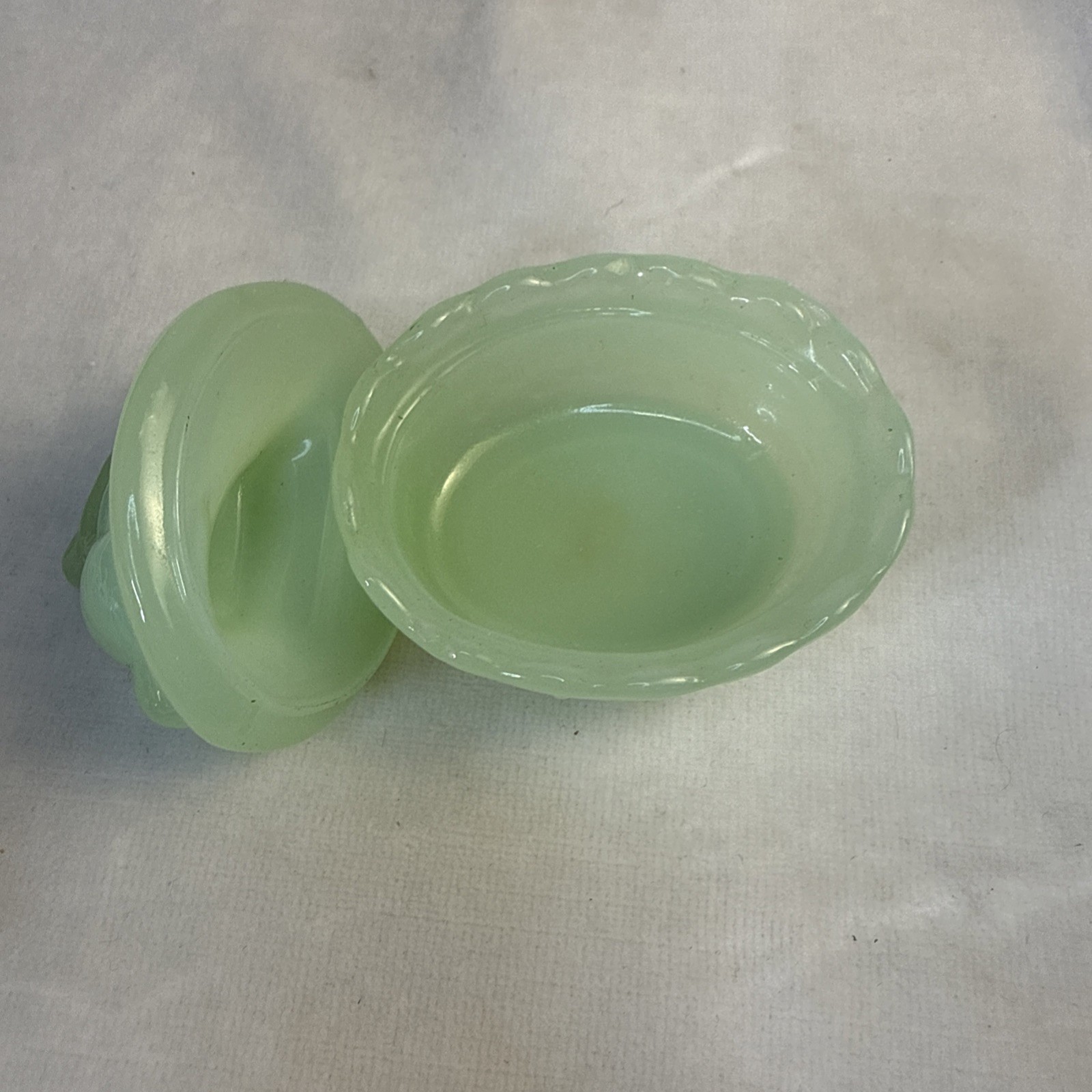 Vintage Green Jadeite Jade Glass Bunny Rabbit on Nest 2 piece Miniature 2”