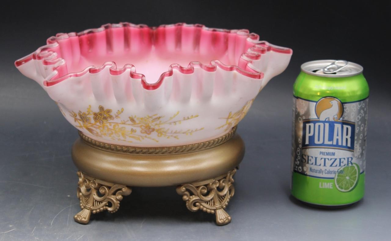19C Victorian Cased Pink & White Enamel Glass Brides Basket Bowl Centerpiece