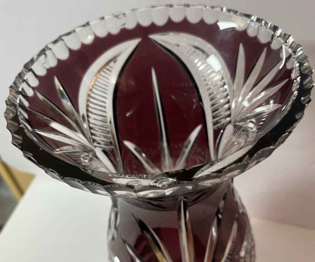 Vintage Arcadia Bohemian Cranberry Hand Cut to Clear Lead Crystal 11.5″ VASE