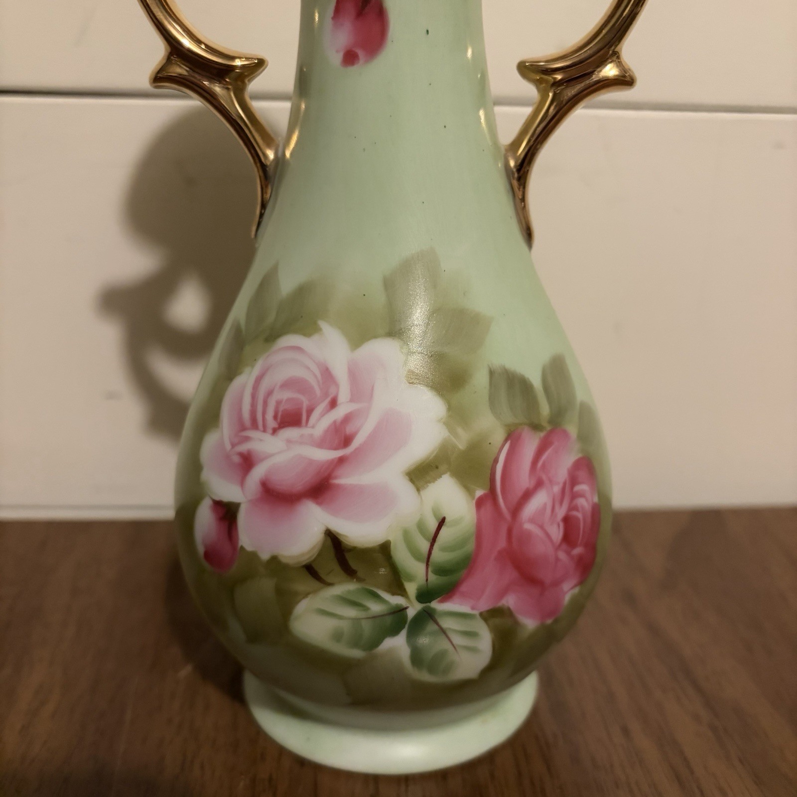 Lefton China Double Handled Vase Hand Painted Pink Roses 8.5” Pastel