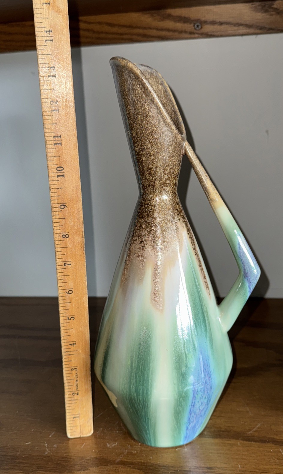 Vtg Art Pottery Vase 13” Decanter Drip Glaze Crystalline Aurora Borealis Signed