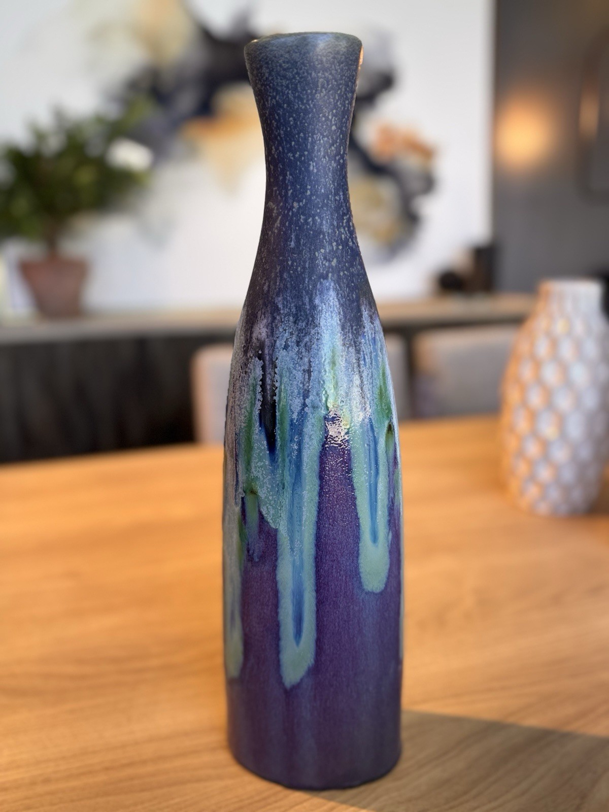 MCM Vase Purple Blue Turquoise 18” Tall Signed Drip Glazed ceramic Vintage