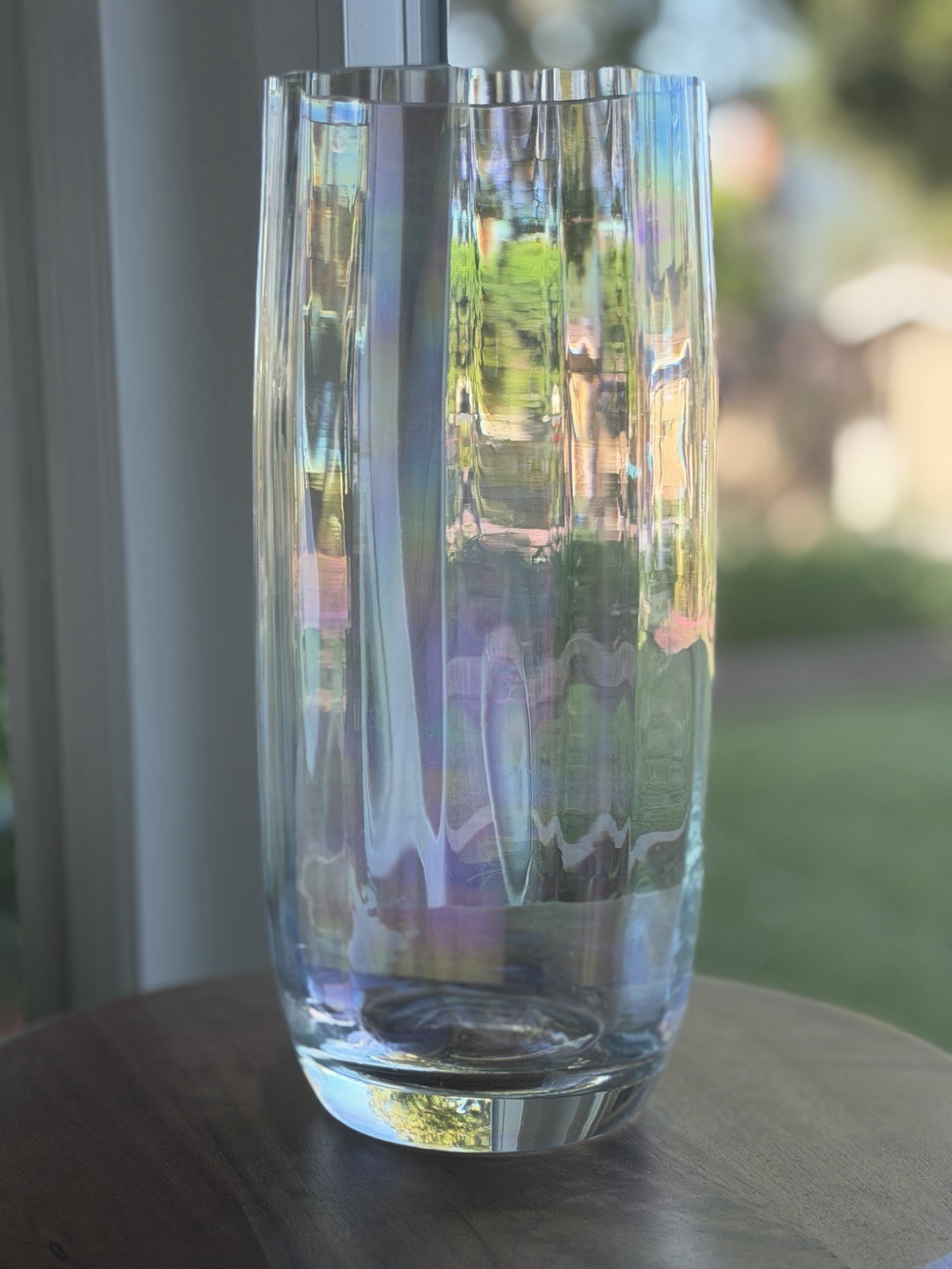 Heavy Iridescent Art Glass Vase Rainbow Luster Optic Ribbed 10.5” Modern MCM