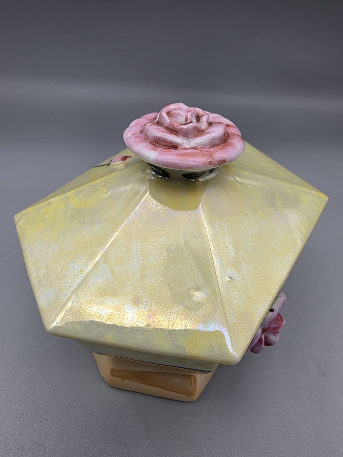 Vtg Ceramic Yellow Peach Lusterware Applied Pink Rose Lidded Trinket Box Japan