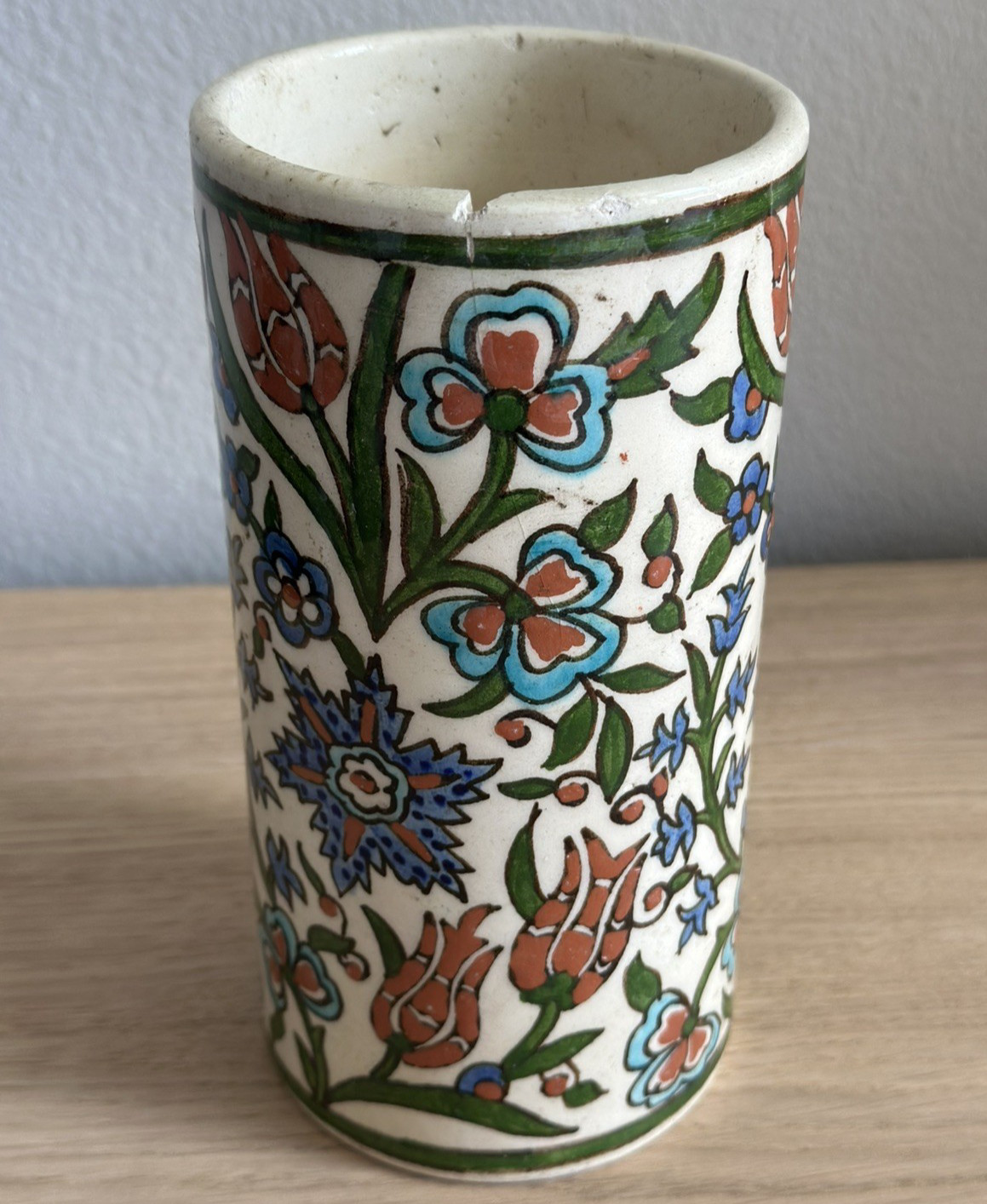 Turkish Iznik Style Pottery Vase With Enamel Flowers Mid 20th Century – As Is