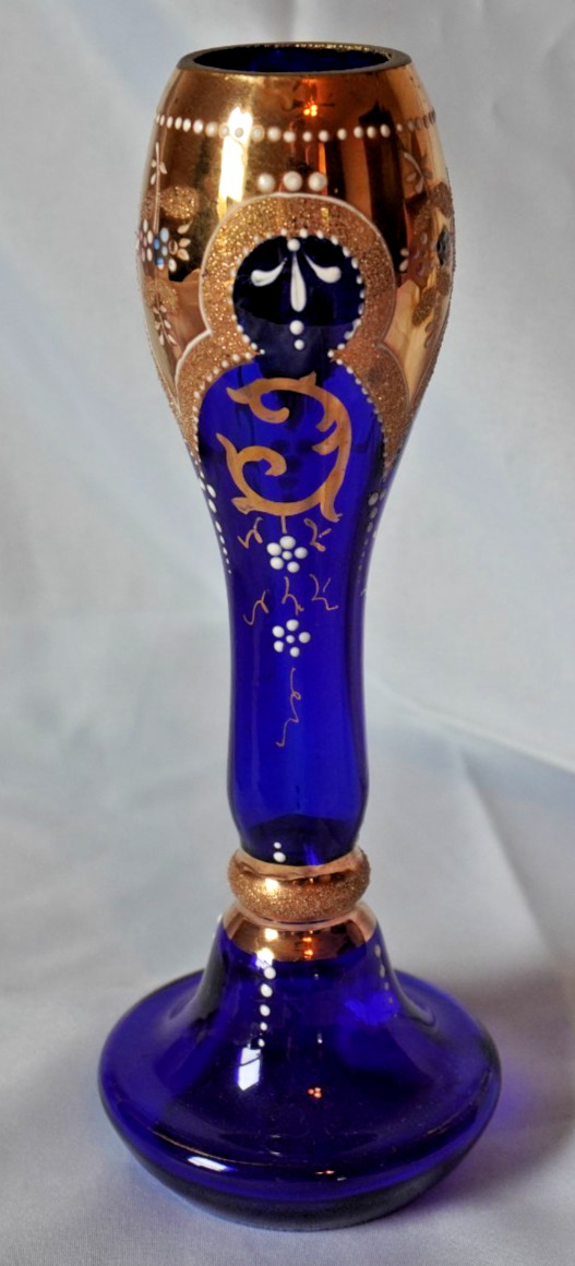 Vintage Bohemian Cobalt Blue Glass Vase Gold Gilt Enamel 6.75”