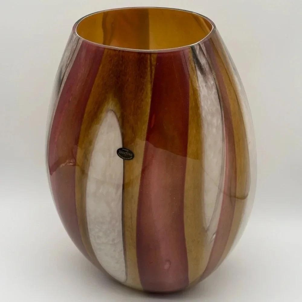 Jozefina Krosno Poland Large Marble Effect Hand Blown Glass Pink Cream Vase