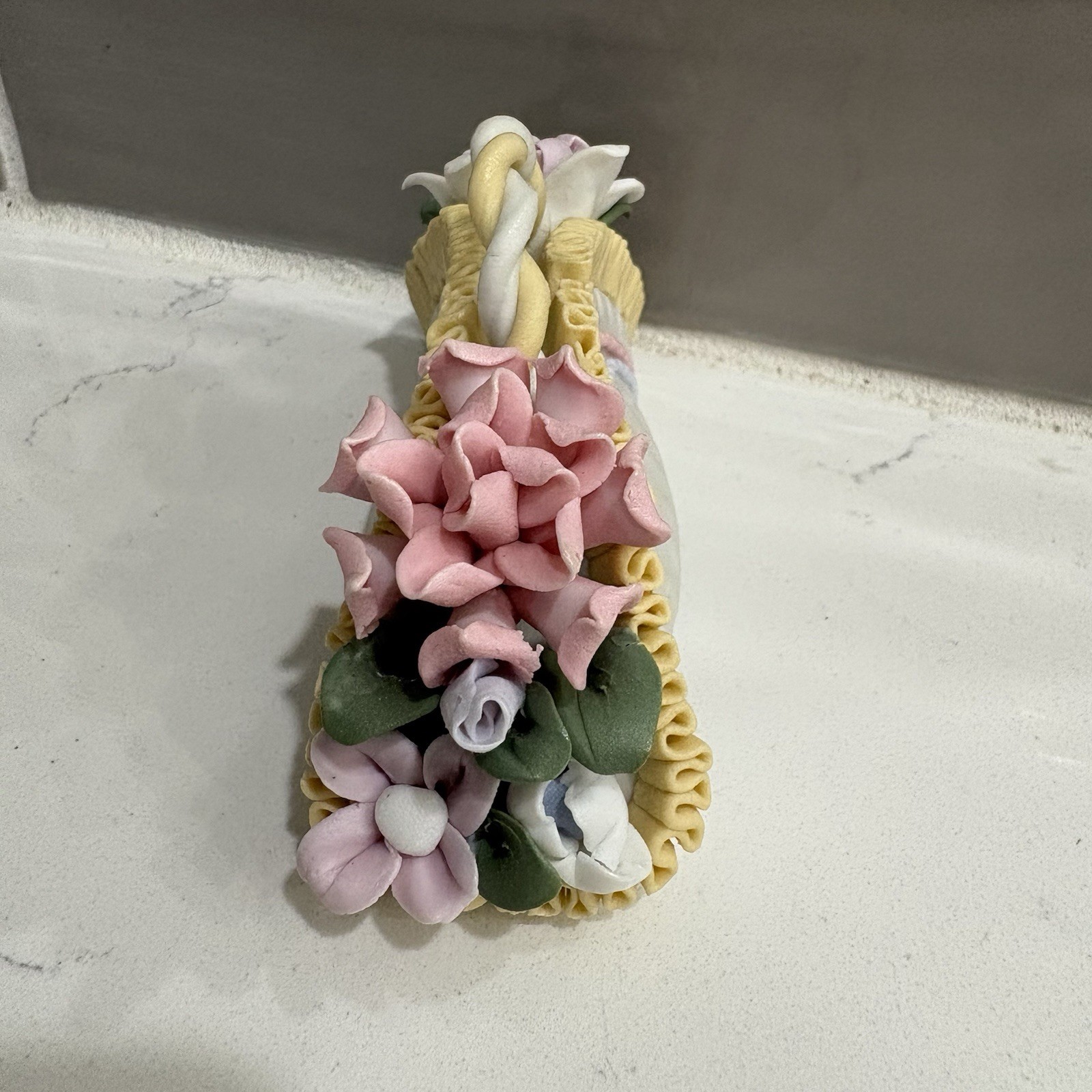 Vintage Decorative clay Flower Basket Figurine Pastel Roses Handle Accent